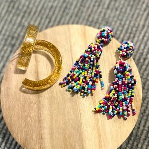 2 pair fashion earrings, beaded tassel earrings and acrylic gold glitter hoops